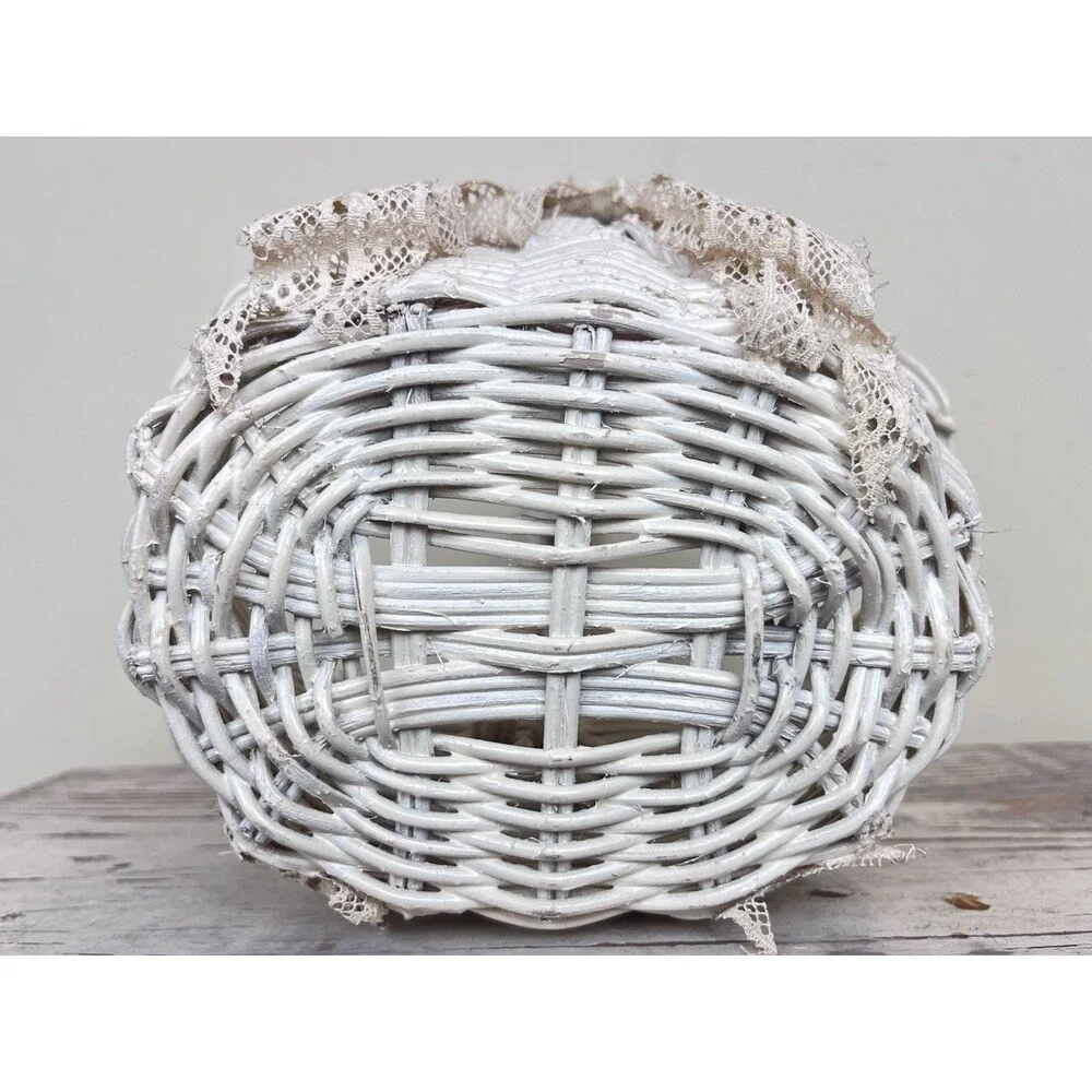 Vintage Shabby White Wicker Rosette Accent Lace Bowed Wicker Cottage Basket 13”